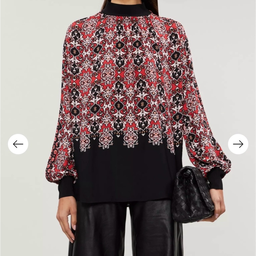 REISS Maisie Patchwork Long Sleeve Printed Blouse Black & Red Career Size 6 - Picture 2 of 14